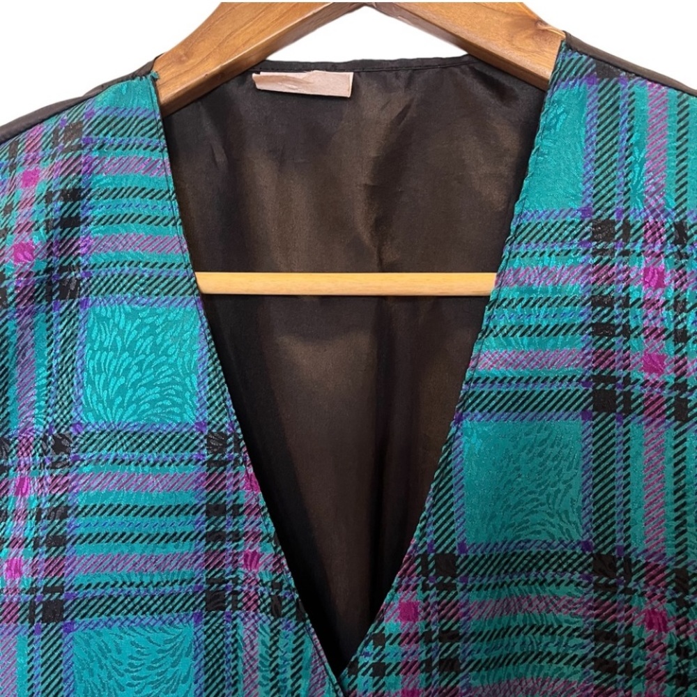 Vintage 80s plaid button front vest teal purple one size - Picture 3 of 8